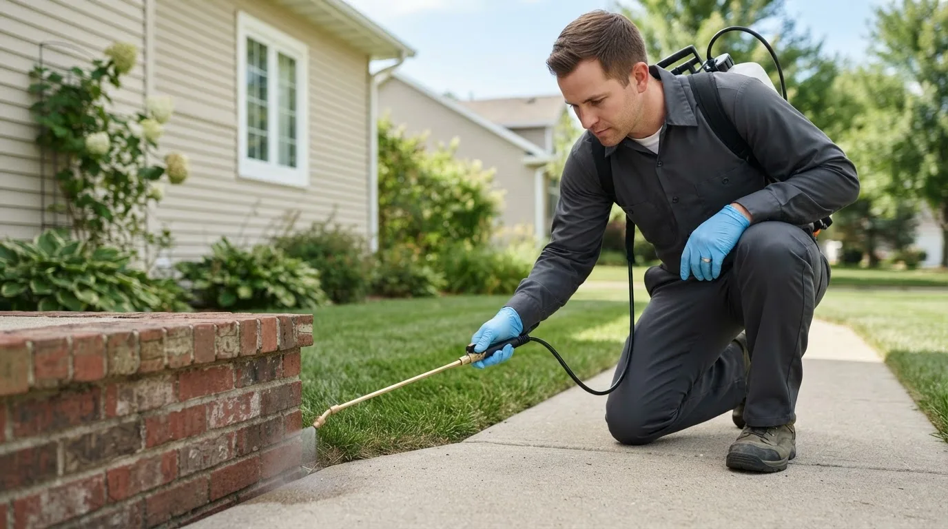 Pest control technician treating a home near Sandstone, MN